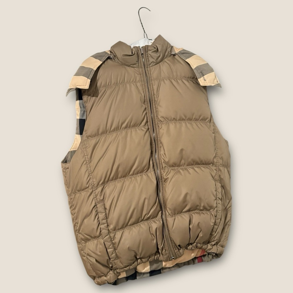 Burberry Reversible Nova Check Puffer Vest Hooded Beige Plaid Men's - Picture 2 of 8